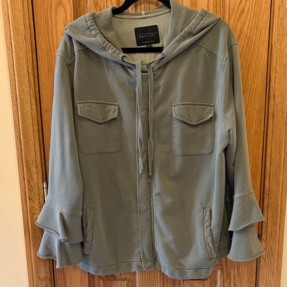 Sanctuary Sage Green Hooded Zip Jacket with Ruffle Sleeves